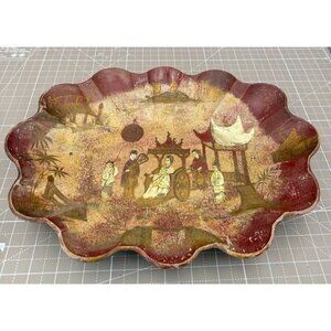 Antique Asian Scalloped Paper Mache' Tray Intricate Hand-Painted Scene